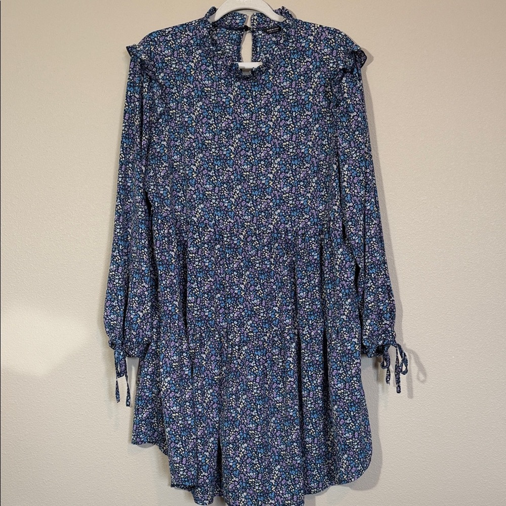 SHEIN Blue Floral Tiered Long Sleeve Dress, Size 2XL